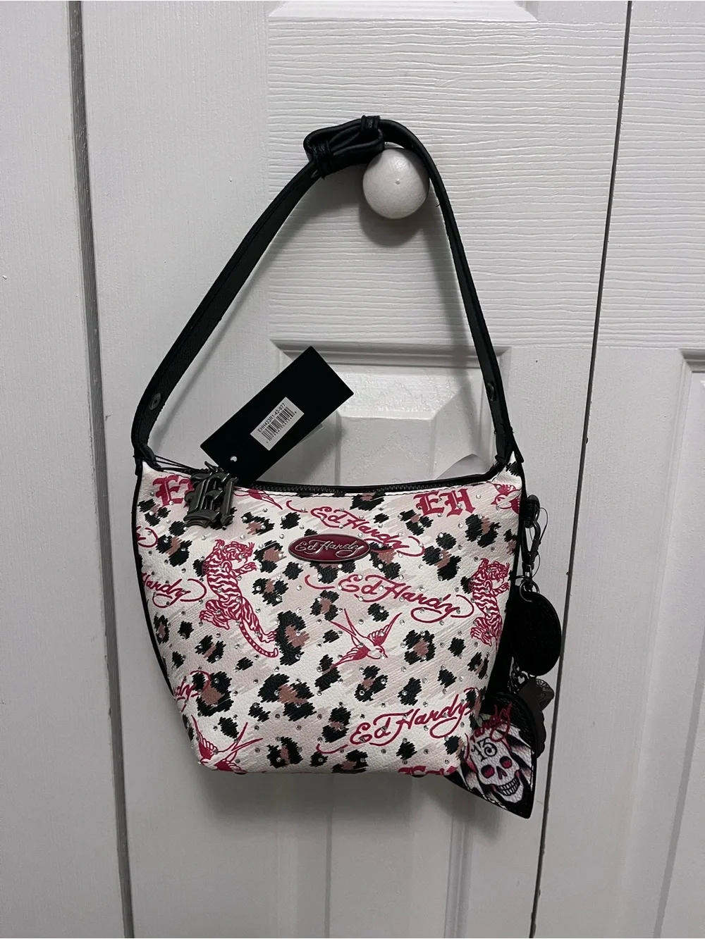 Ed Hardy White, Pink and Black Tattoo-Print Shoulder Bag